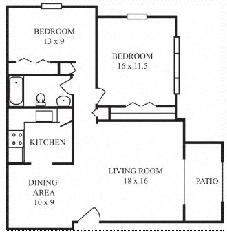 Floor plan for 2 beds, 1 bath, 950 sqft
